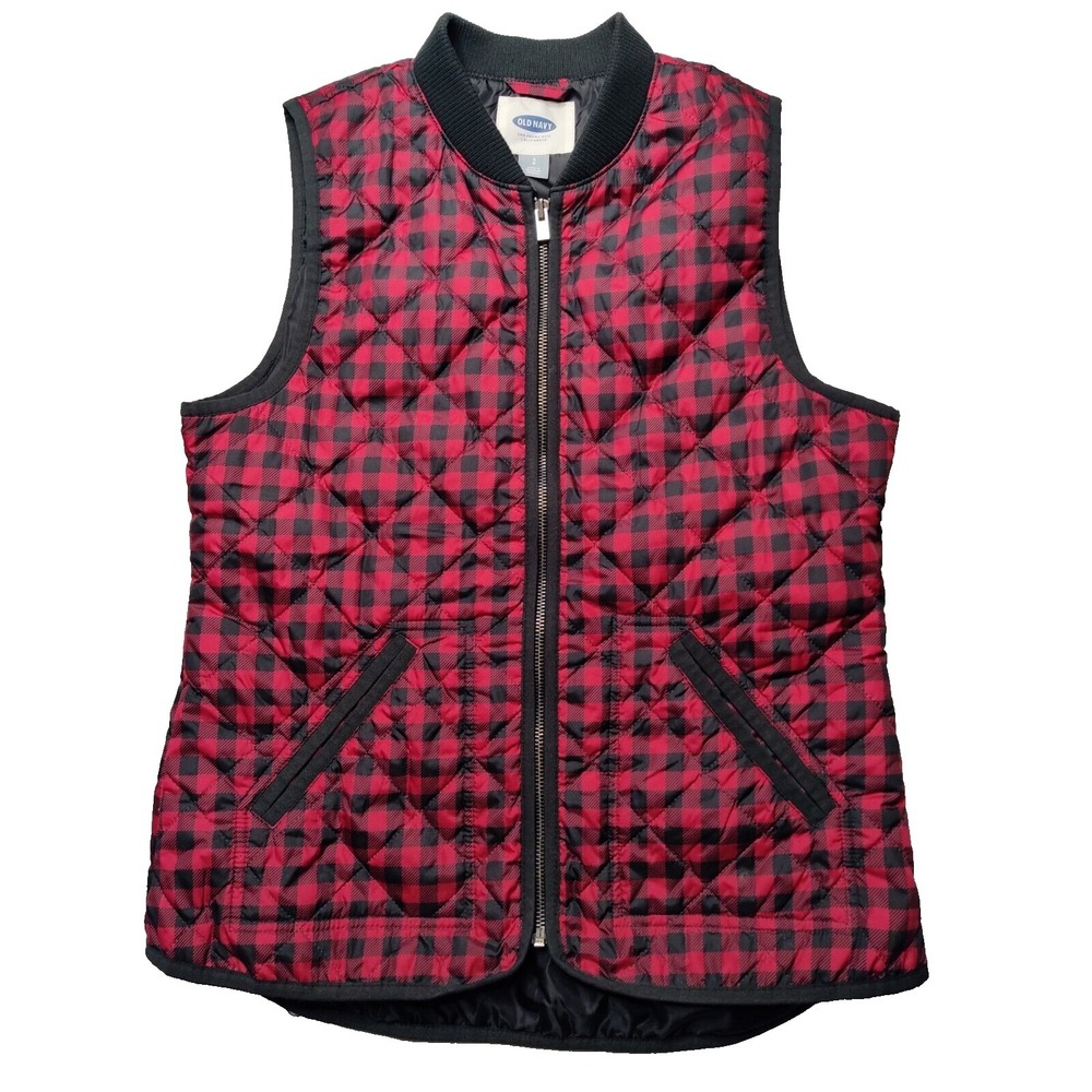 OLD NAVY Women Small Buffalo Plaid Red Black‎ Check Quilted Lightweight Vest EUC
